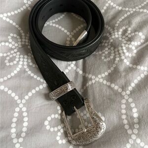 Elegant Black Leather Belt with Silver Buckle